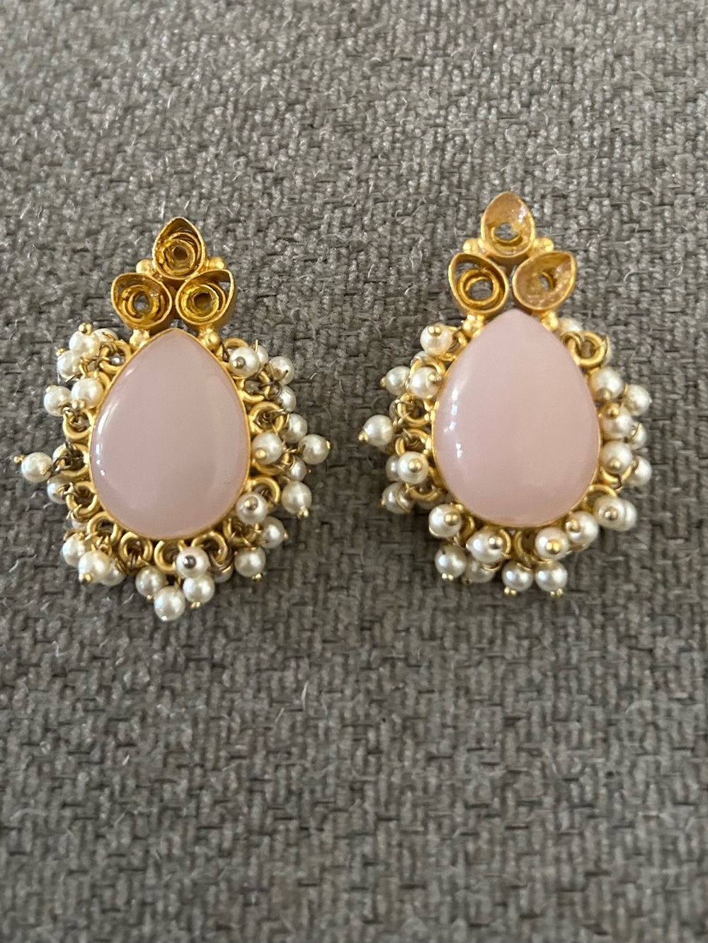 Gold-Tone Pink Glass or Stone Teardrop Pearl Cluster Earrings